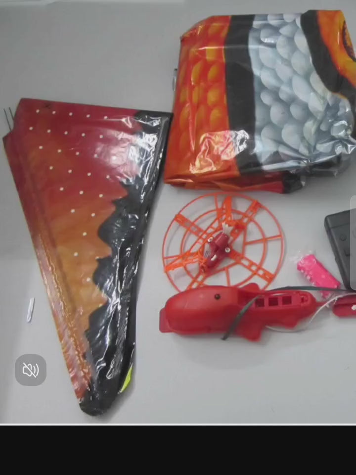 Infrared remote controller functions: climb, descend, and tail fin control with a 40 foot range.
Length: 57 inches. Height: 36